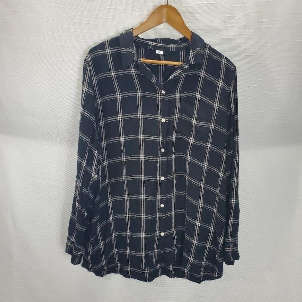 Old Navy Plaid Button Down Shirt Womens XXL Black/White Long Sleeve Rayon Slits